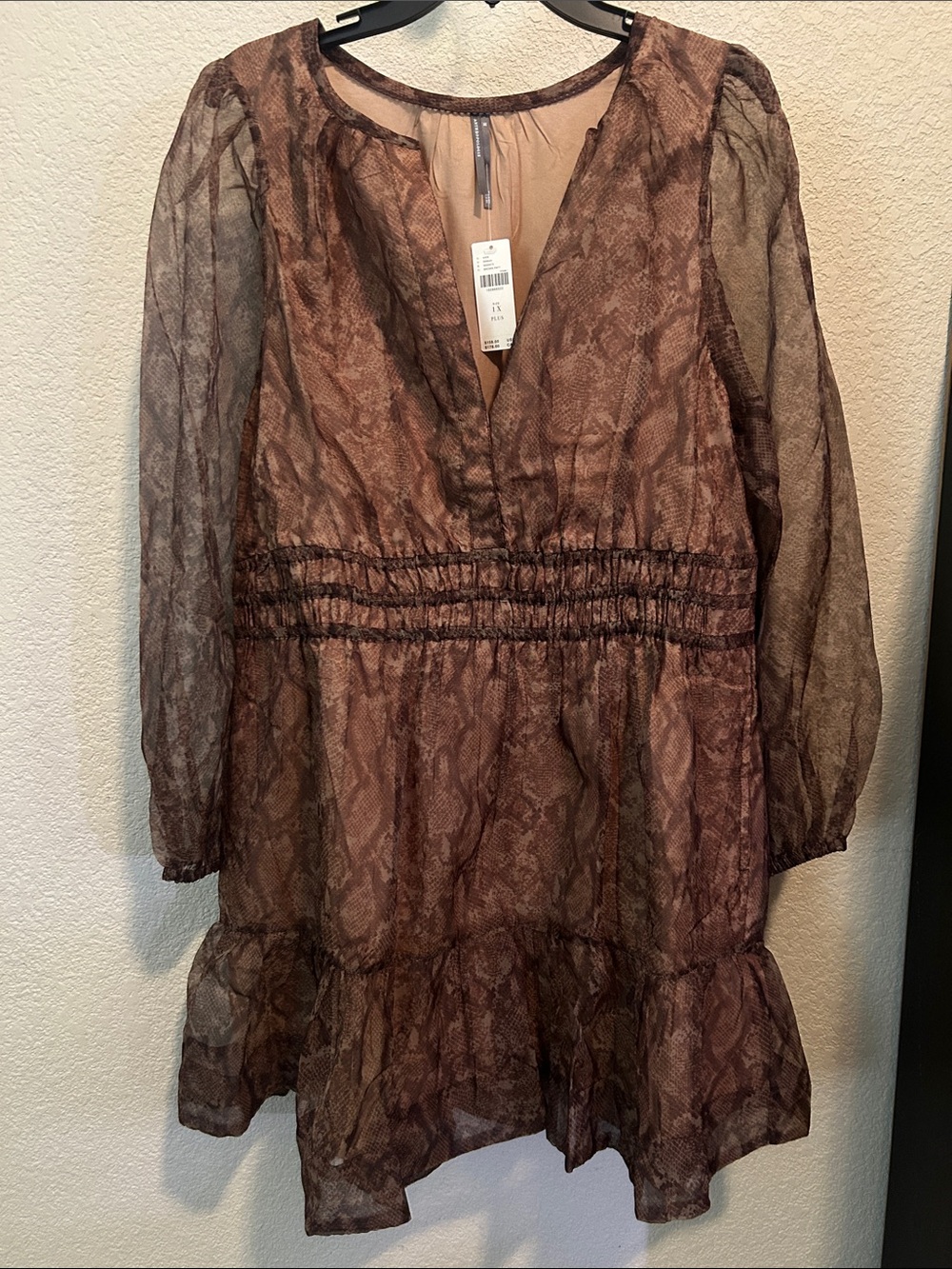 Anthropologie Brown Snake-Print Long Sleeve Dress